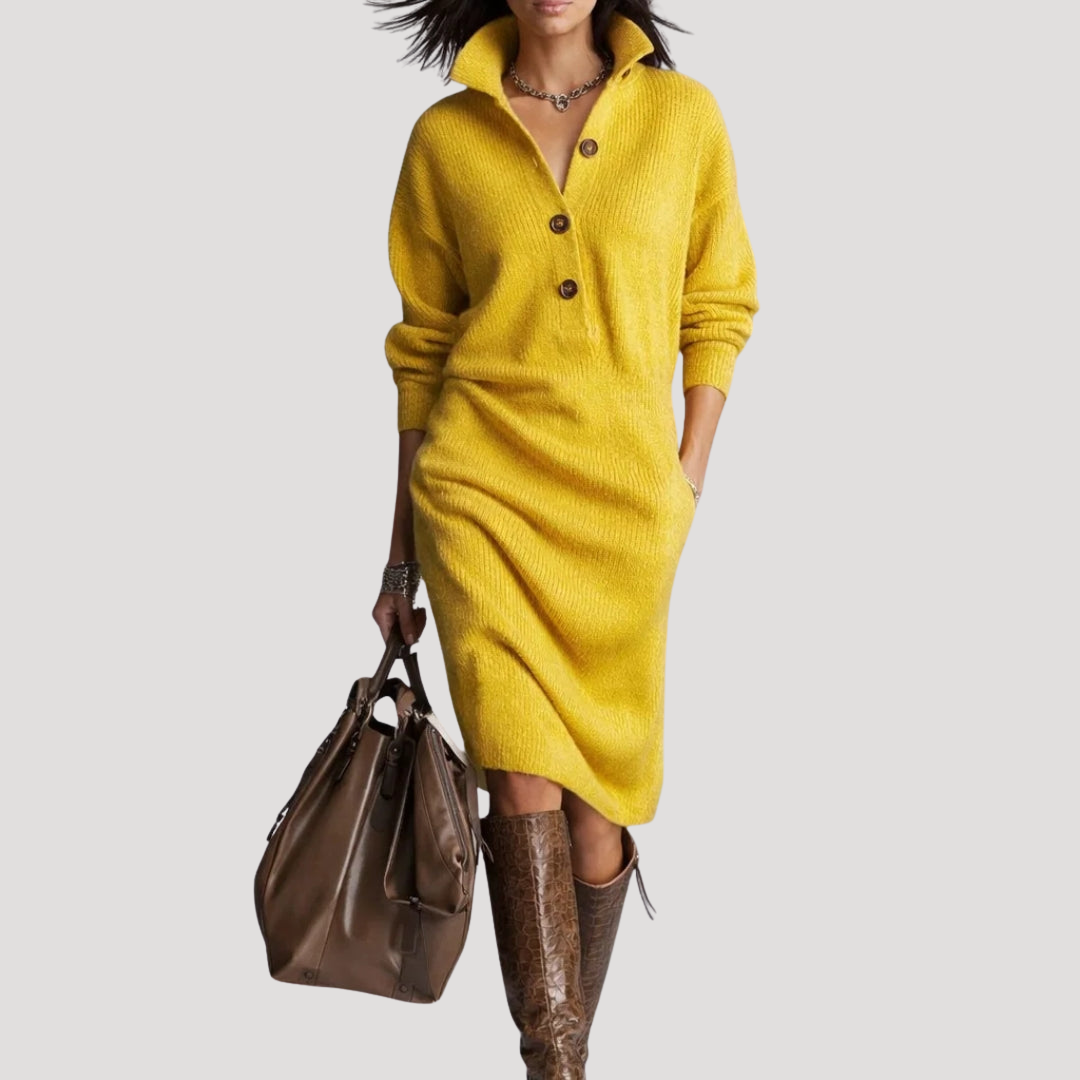 Women's Jumper Dress – Knit Midi Buttoned High Collar