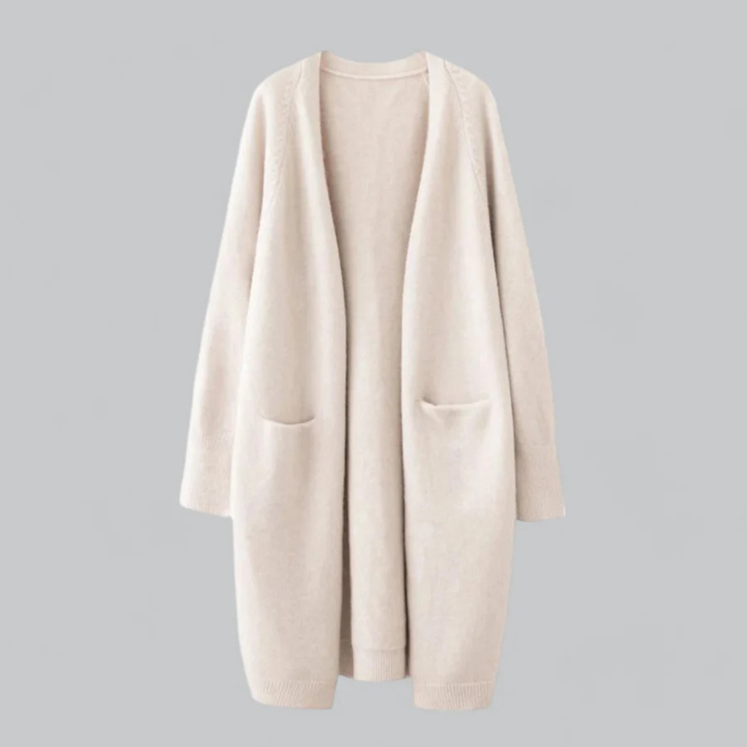 Women's Long Open-Front Cardigan with Pockets in Khaki