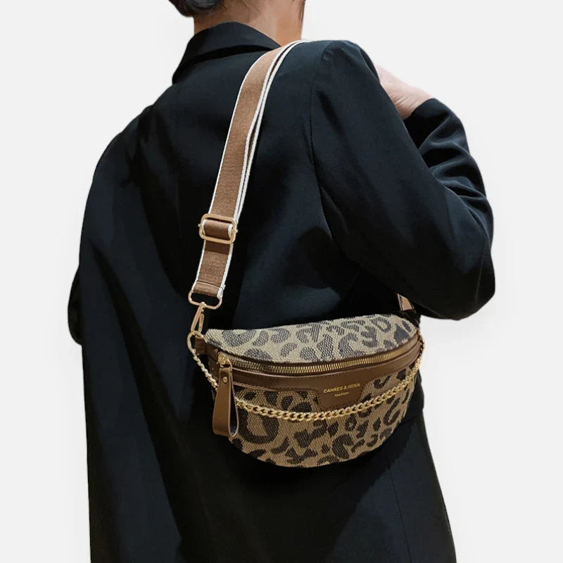 Women's Leopard Print Belt Bag – Crossbody Bag with Gold Chain
