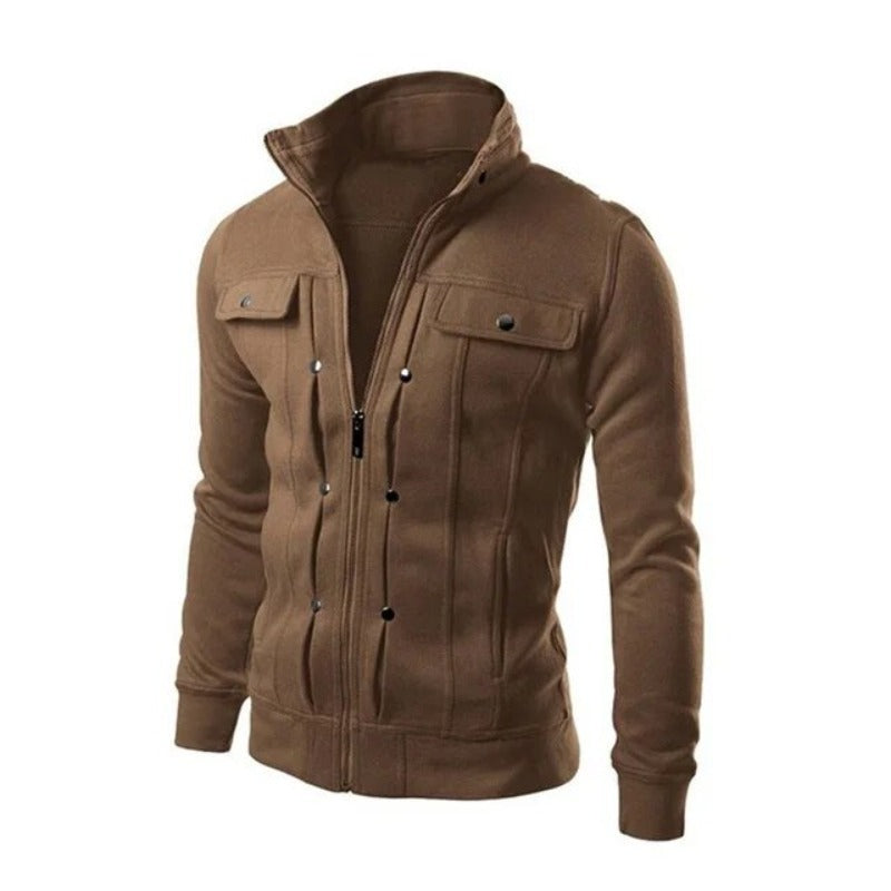 Men's Zipped Jacket – Stand Collar Multi-Pocket