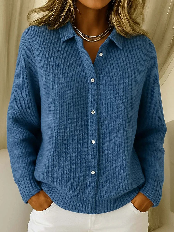 Women's Collared Waffle Knit Cardigan in Dark Blue
