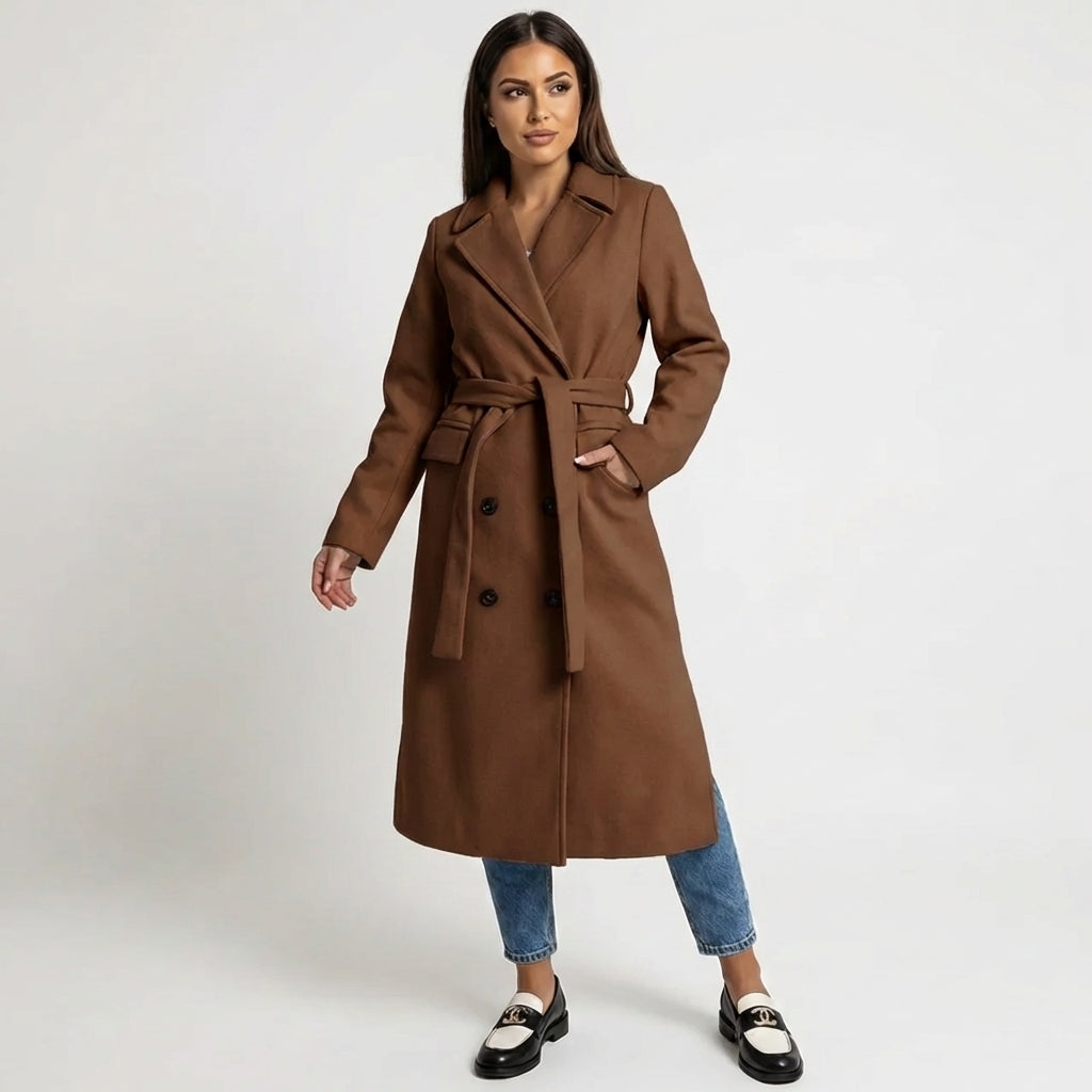 Women's Double-Breasted Belted Wool-Blend Overcoat Longline