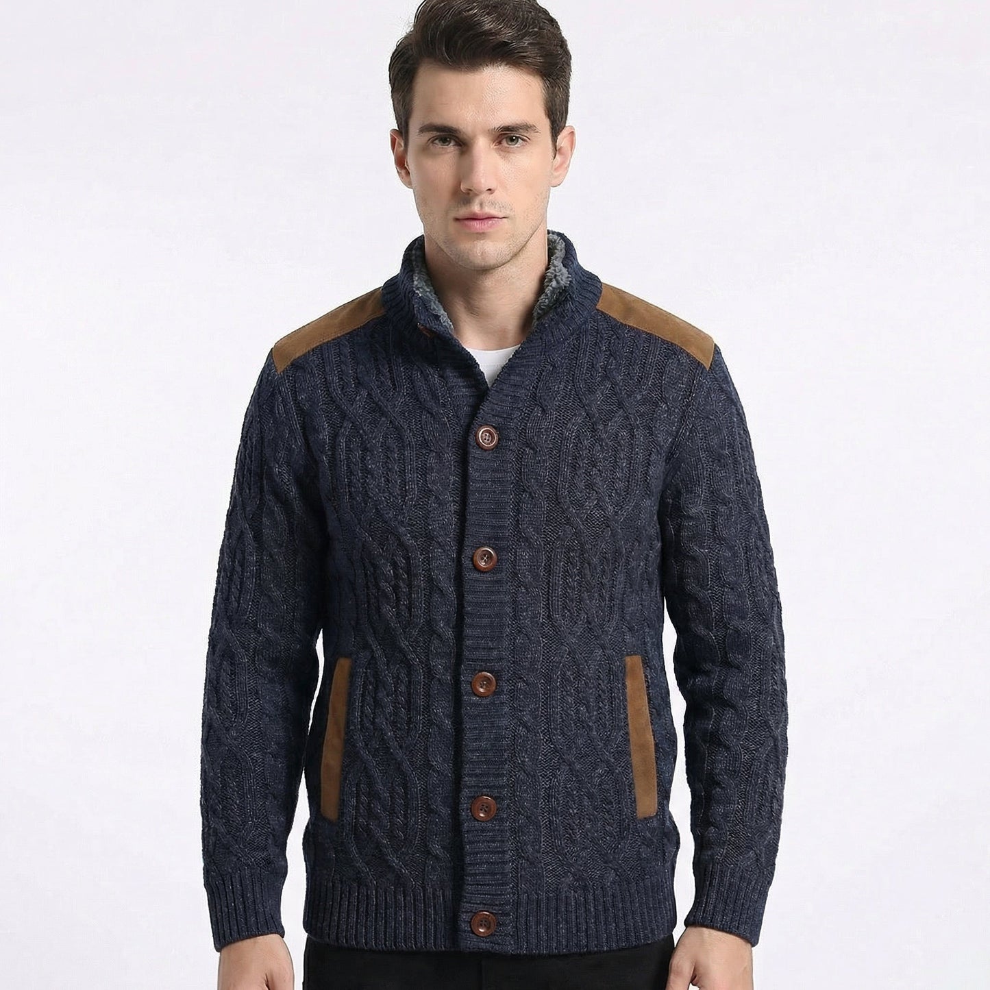Fleece Lined Button-Up Cardigan with Suede Detail