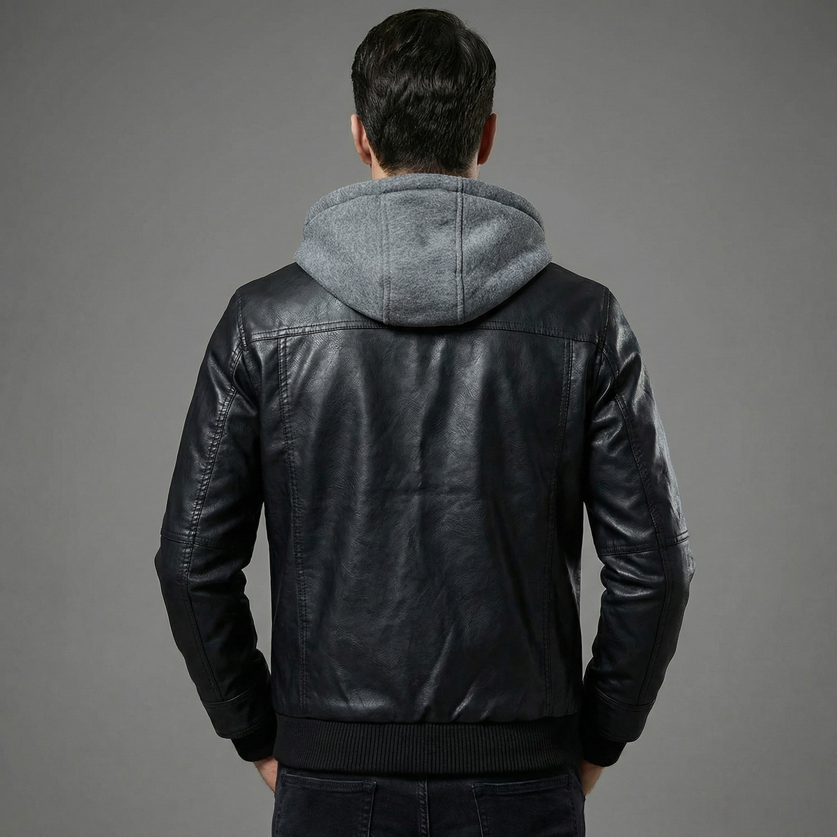 Men's Hooded Leather Zip-Up Jacket Hip-Length