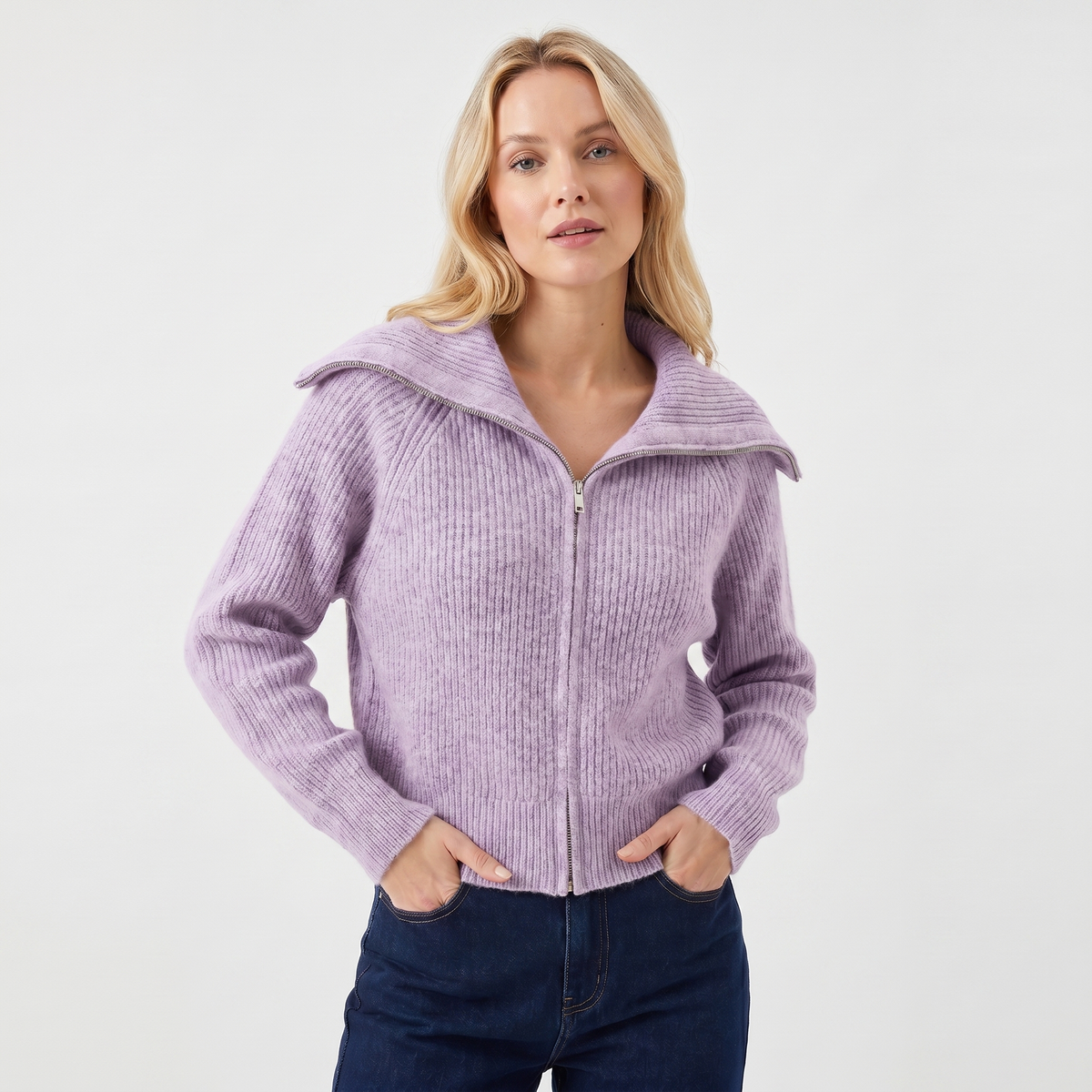 Women's Ribbed Zip-Up Cardigan Hip-Length Spread Collar