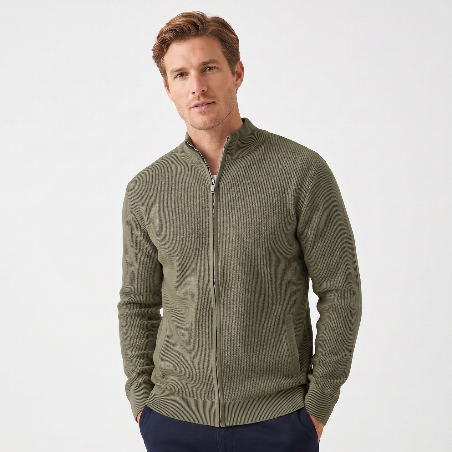 Men's Textured Knit Full Zip Jacket - Casual Winter Cardigan