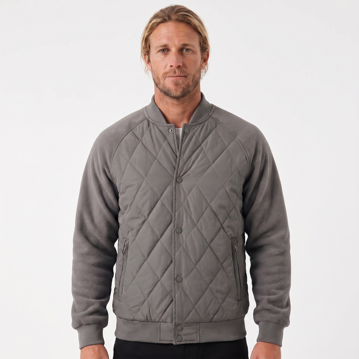 Men's Varsity Jacket – Quilted Body Fleece Sleeve Snap Button Bomber