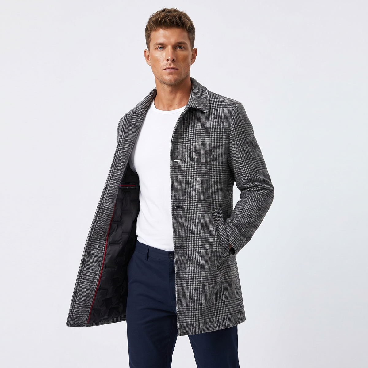 Men's Overcoat – Glen Plaid Single-Breasted Mid-Length Wool-Look