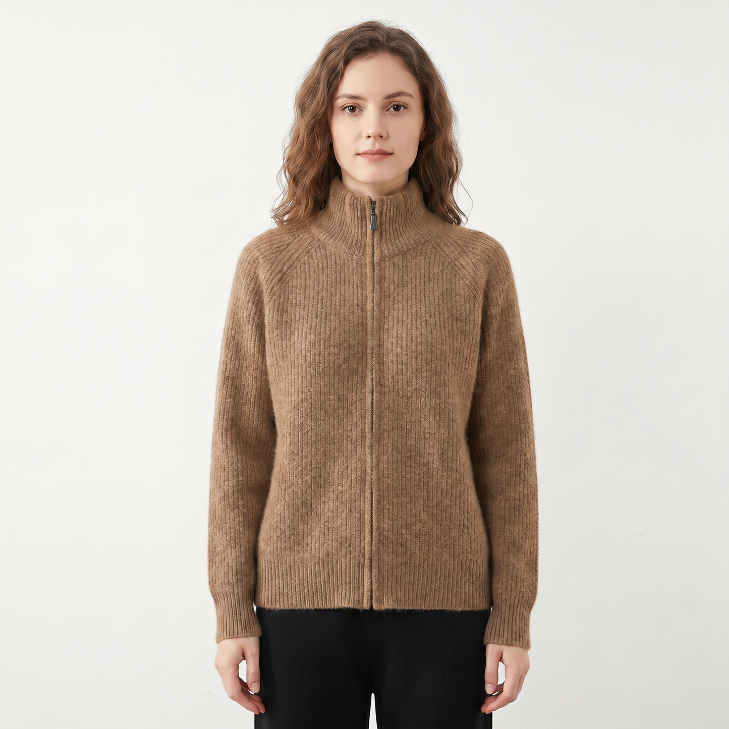 Women's Fluffy Cardigan – Ribbed Zip-Up Funnel Neck Knit Fitted