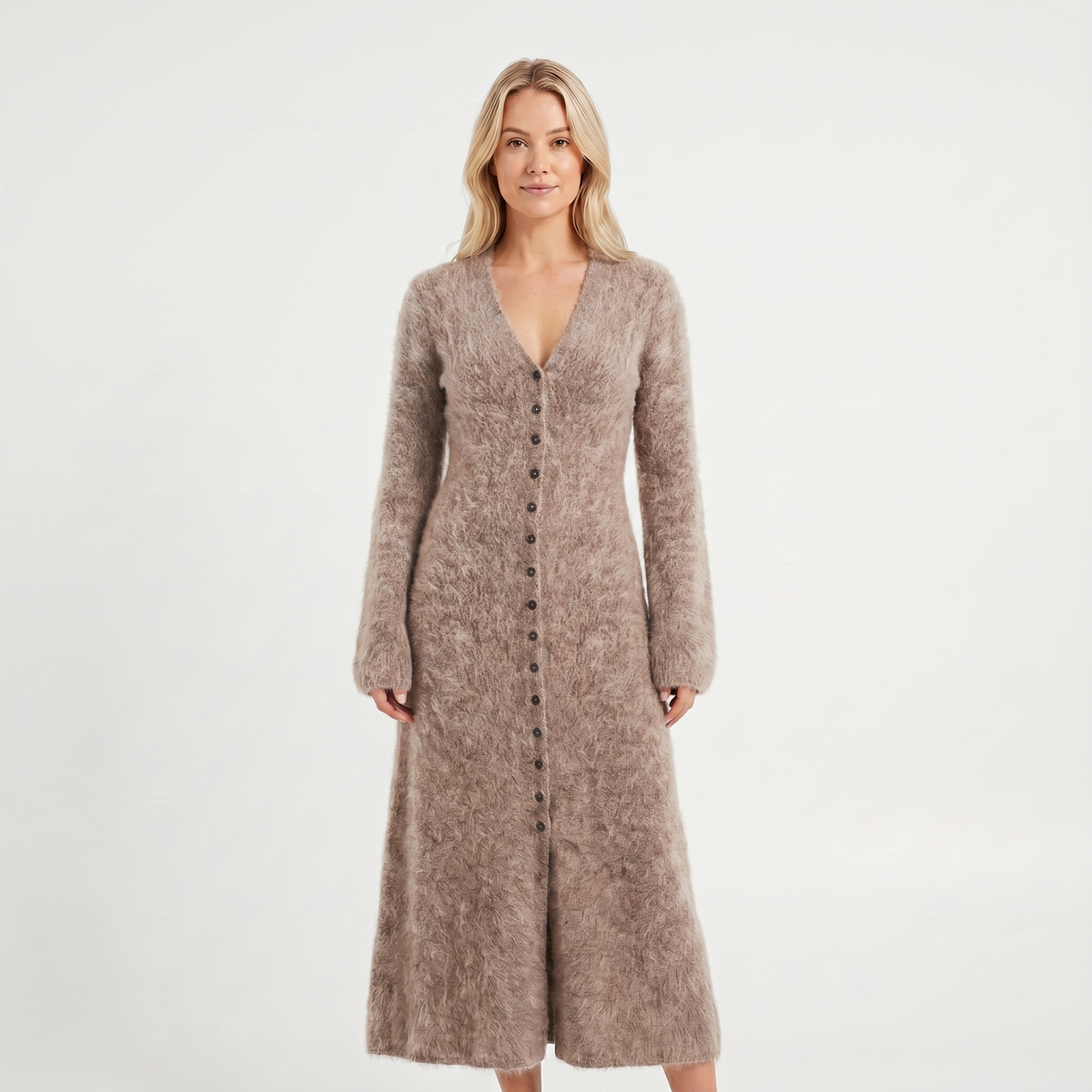 Women's Long Sleeve Midi Knit Dress – Fluffy Button-Through V-Neck Cardigan