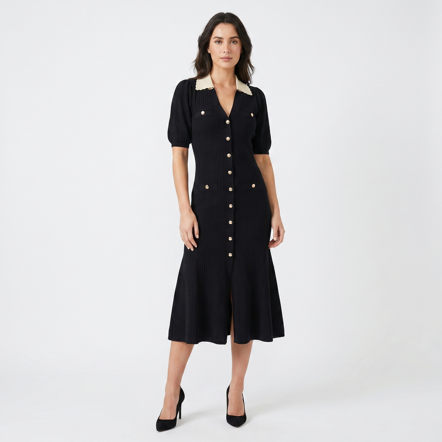 Knit Maxi Dress - Puff Sleeve Scalloped Collar Fishtail Hem