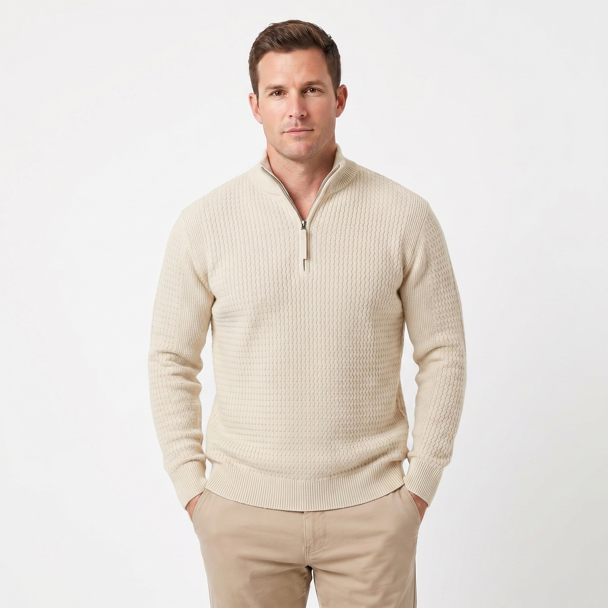 Men's Half Zip Jumper – Textured Knit Ribbed Hem and Cuffs