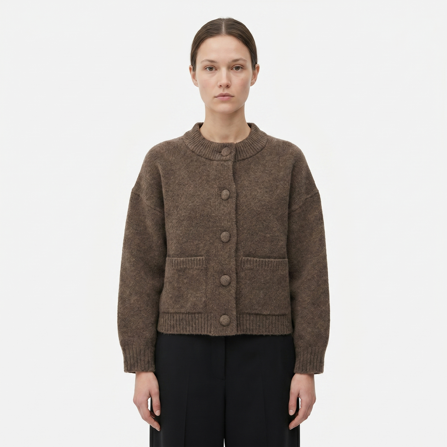 Women's Cropped Knit Cardigan Button Front Patch Pocket Boxy Wool Blend Sweater