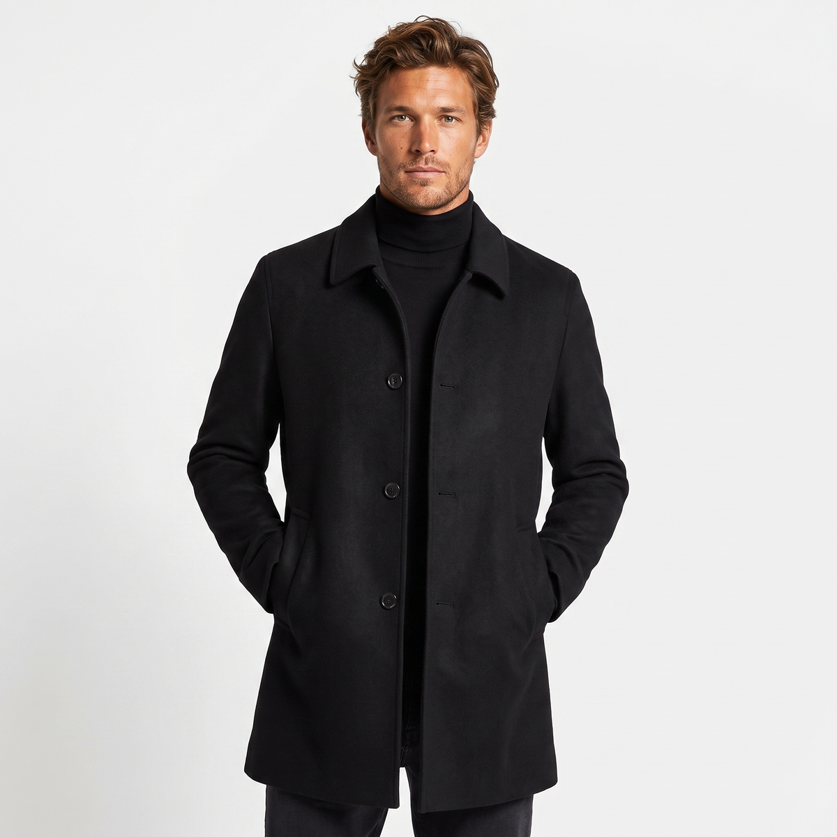 Men's Wool Blend Overcoat Single Breasted Mid Length Smart Winter Coat Casual
