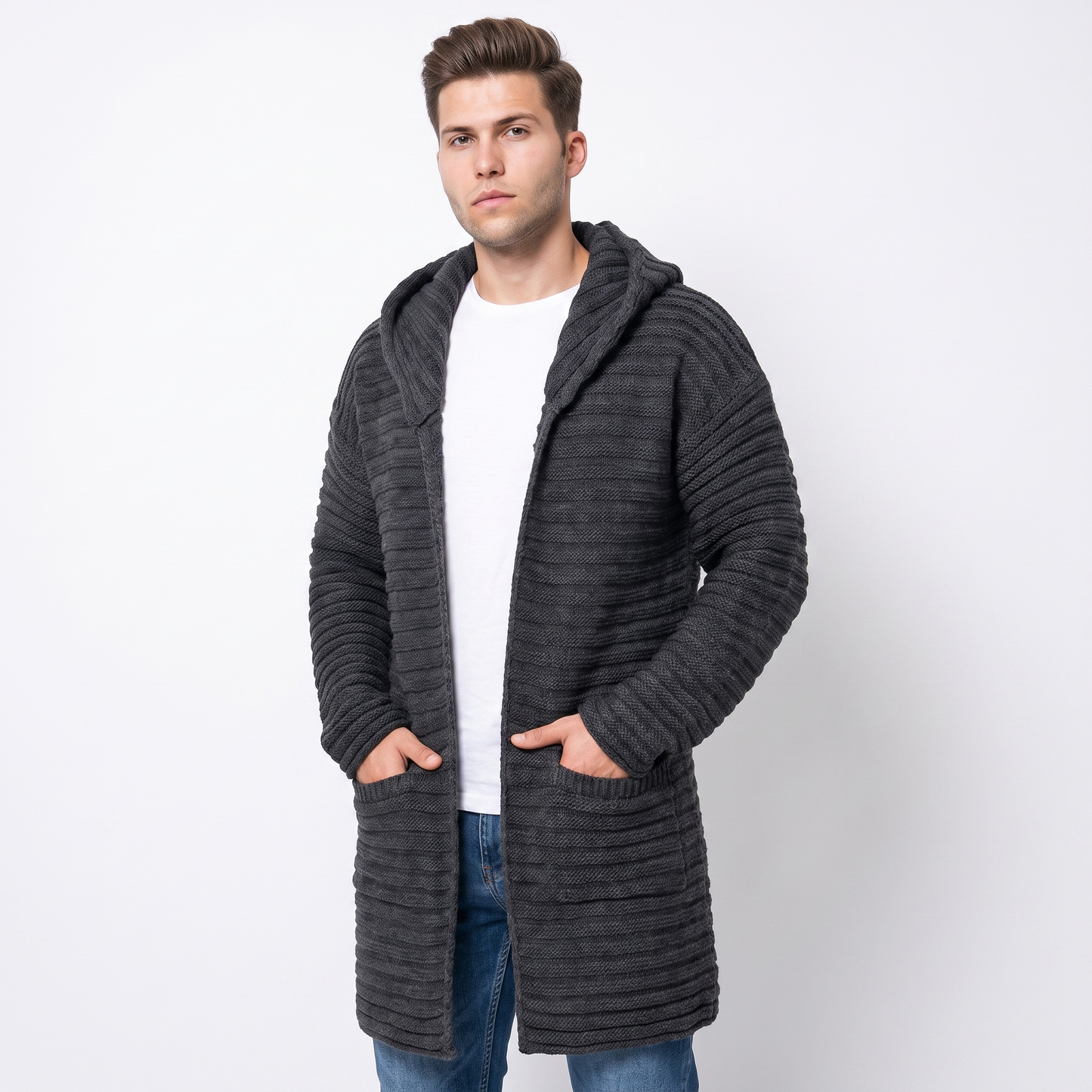 Men's Longline Open Front Cardigan Chunky Rib Knit Shawl Collar Sweater Coat