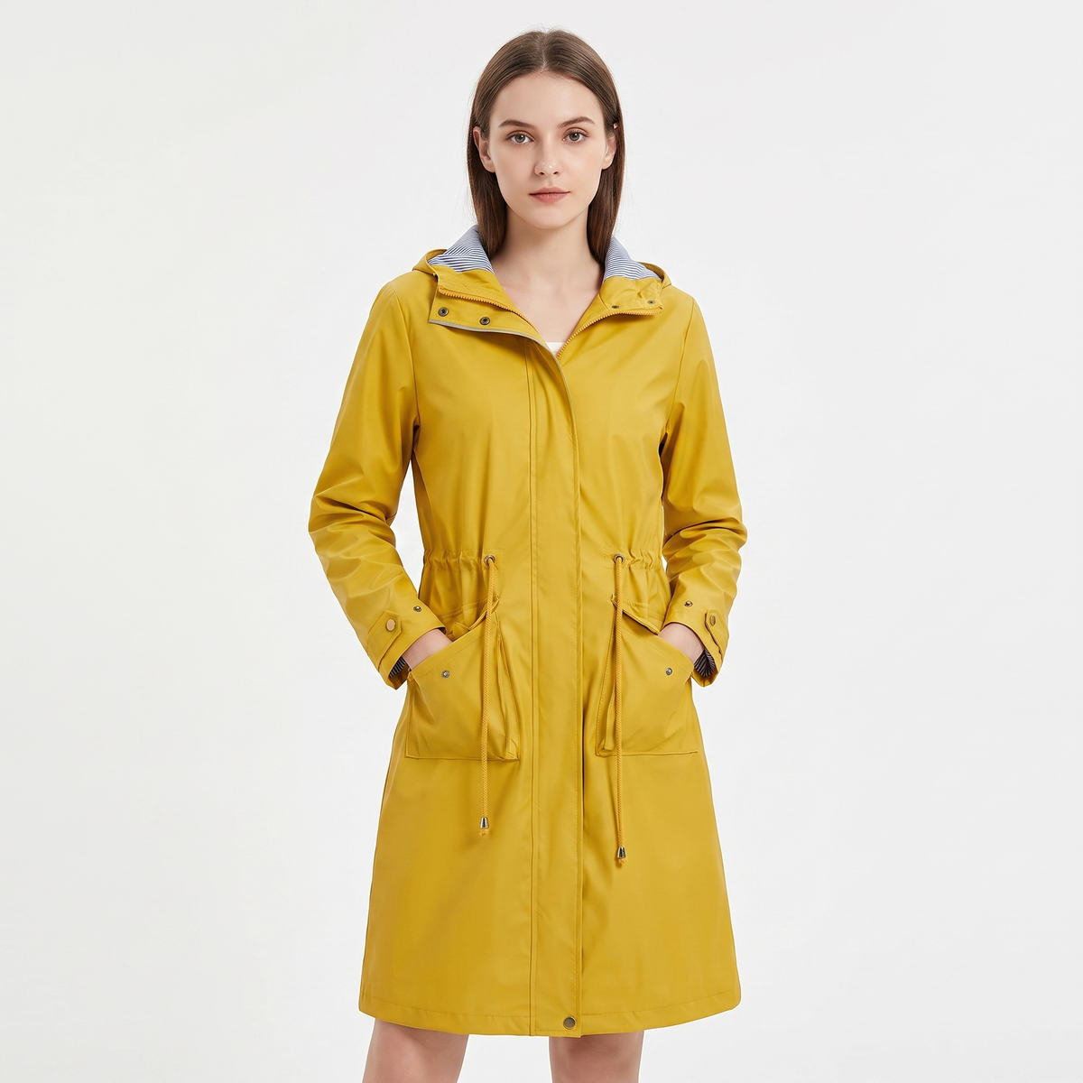 Women's Waterproof Longline Rain Coat Hooded Drawstring Waist Stripe Lined Jacket