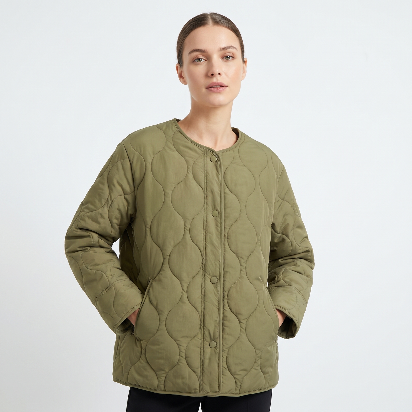Women's Oversized Onion Quilted Jacket Collarless Snap Button Padded Winter Coat