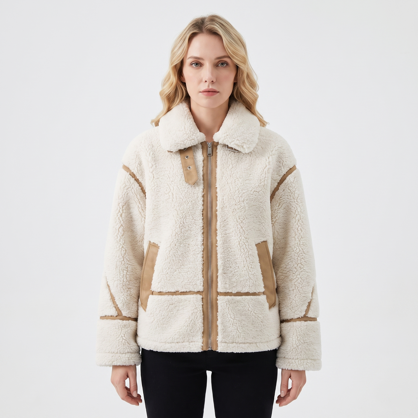 Women's Teddy Fleece Jacket Faux Shearling Zip-Up Coat With Trim