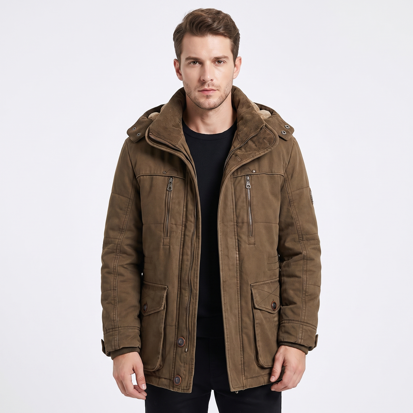 Men's Fleece Lined Parka Hooded Multi Pocket Winter Jacket