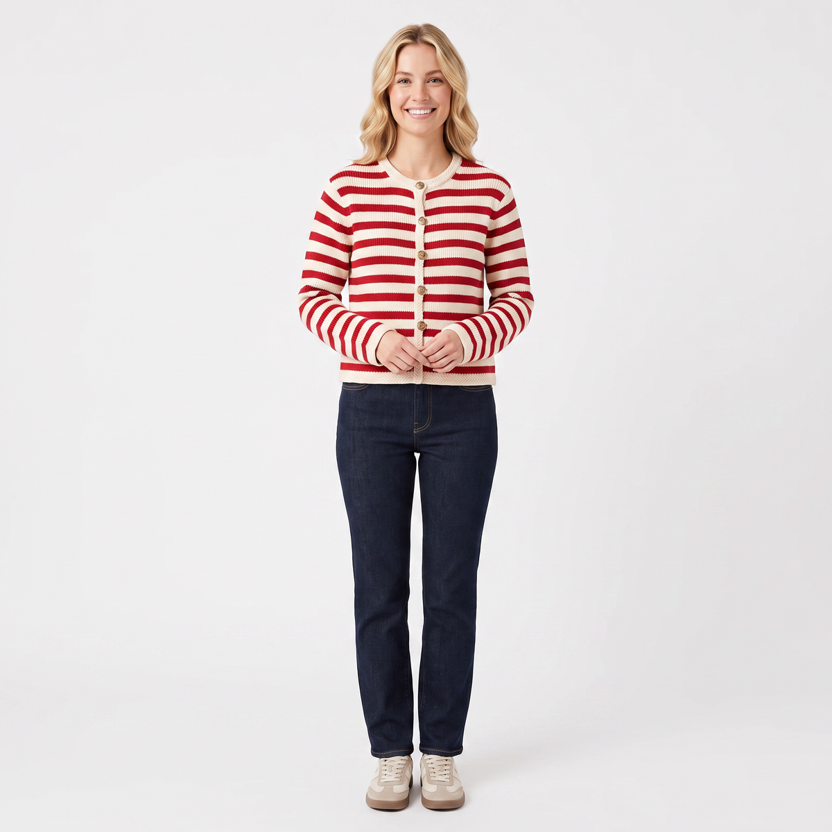 Women's Striped Cardigan Button-Front Crew Neck Cropped Sweater