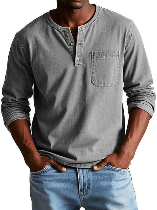 Men's Long-Sleeve T-Shirt – Buttoned Henley Collar Vintage