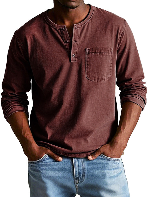 Men's Long-Sleeve T-Shirt – Buttoned Henley Collar Vintage