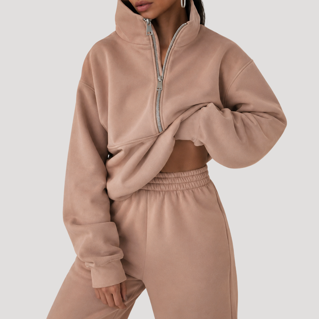 Women's Half-Zip Sweatshirt and Pants Set in Khaki