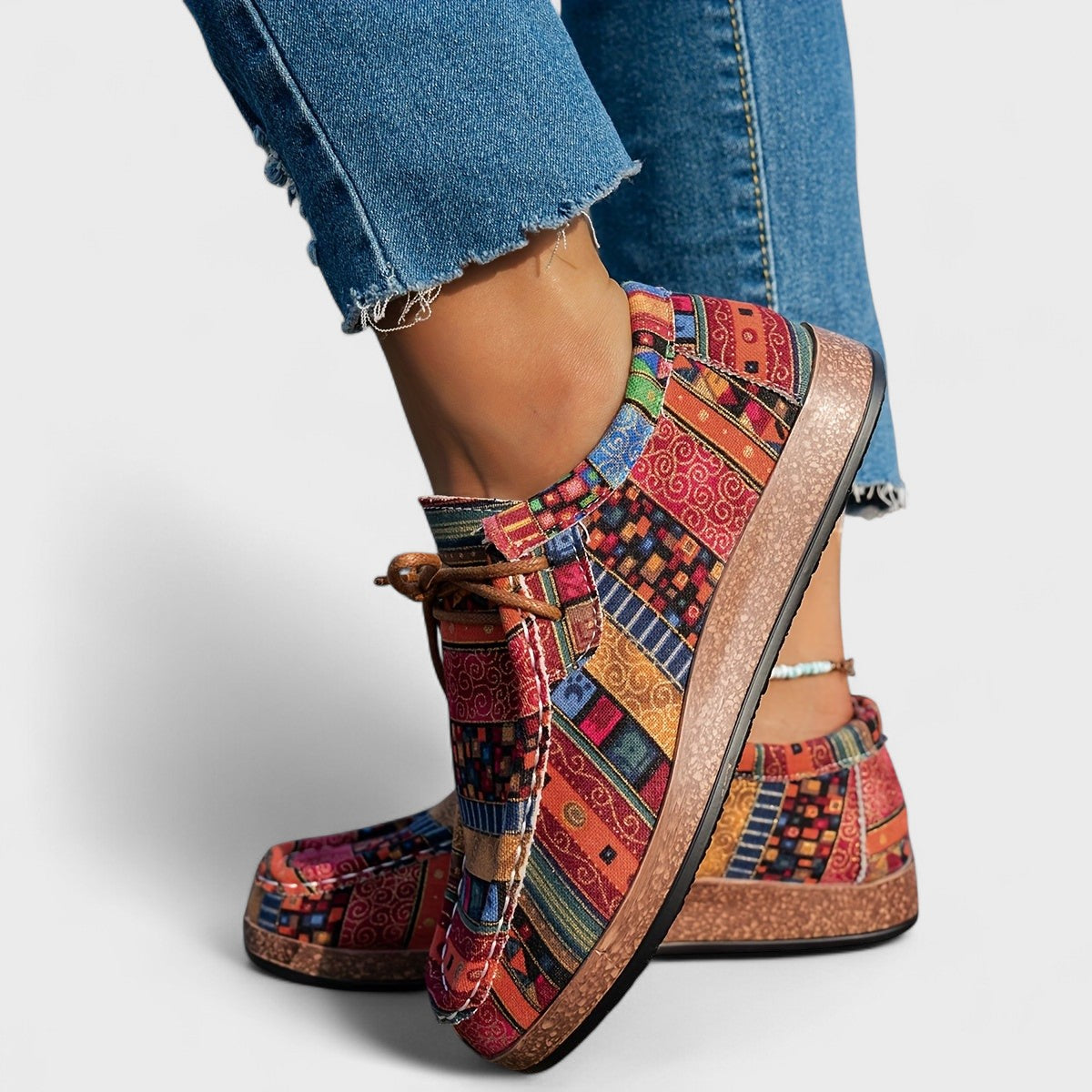 Women's Boho Woven Trainers – Lace-Up Chunky Sole Trainers