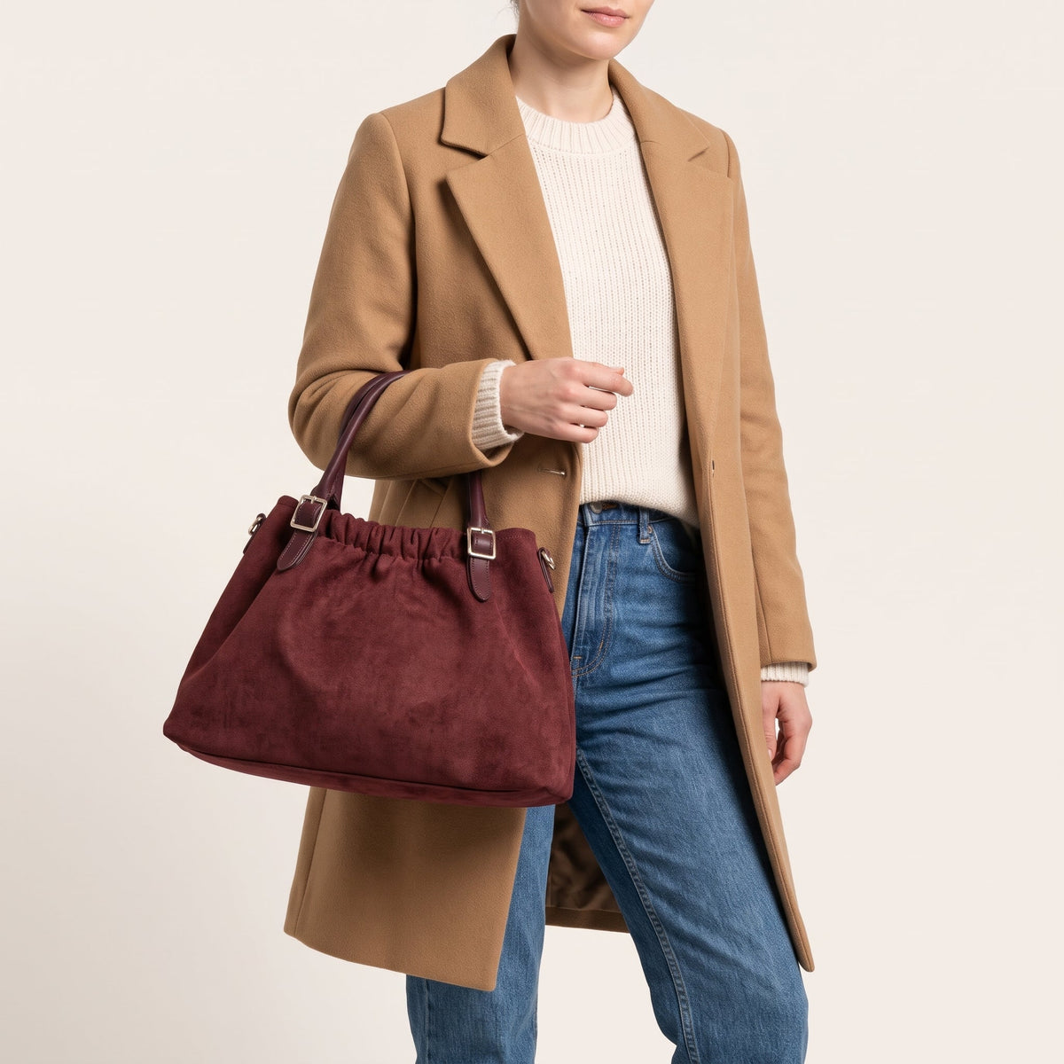 Women's Ruched Suede-Effect Handbag – Removable Crossbody Strap