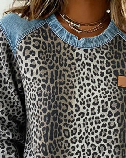 Women's Leopard Print Sweater – Denim-Look Panels Round Neck