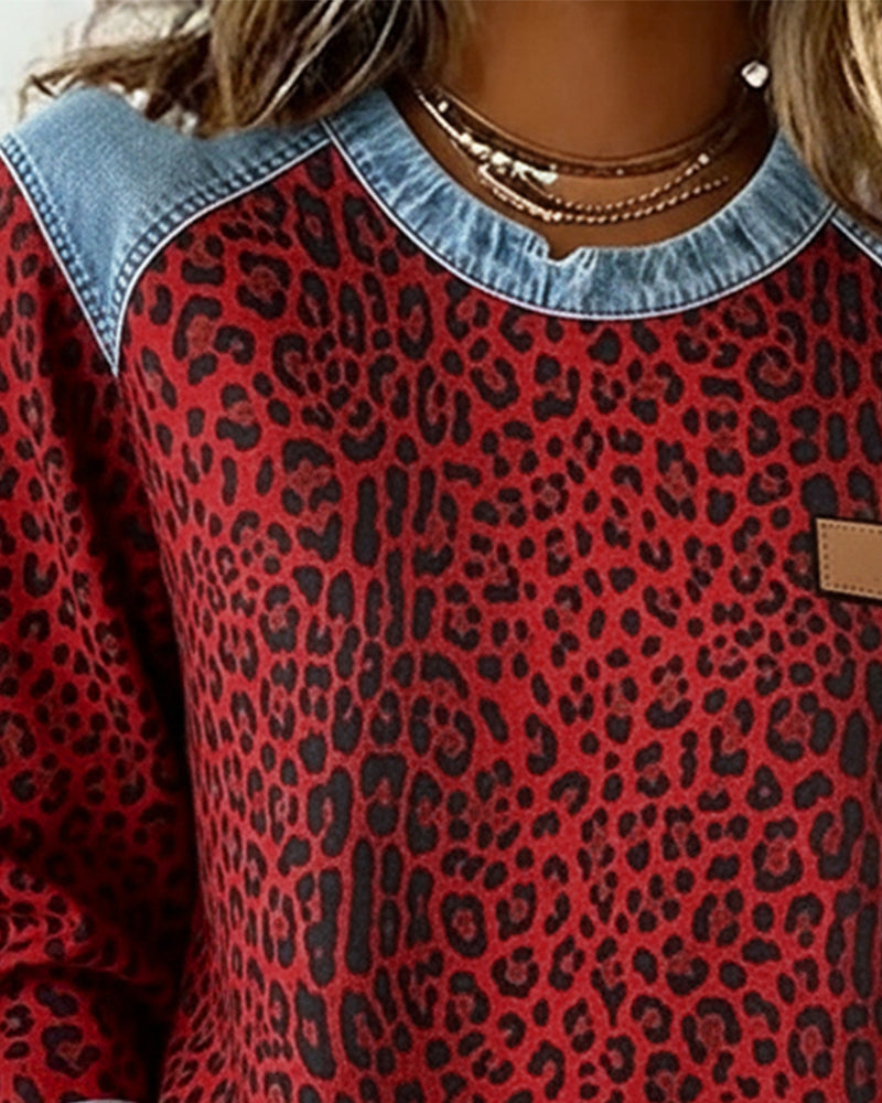 Women's Leopard Print Sweater – Denim-Look Panels Round Neck