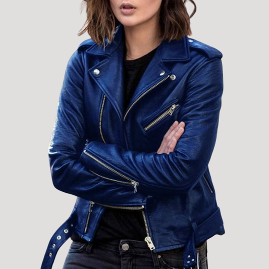 Women's Zip-Front Biker Jacket in Blue
