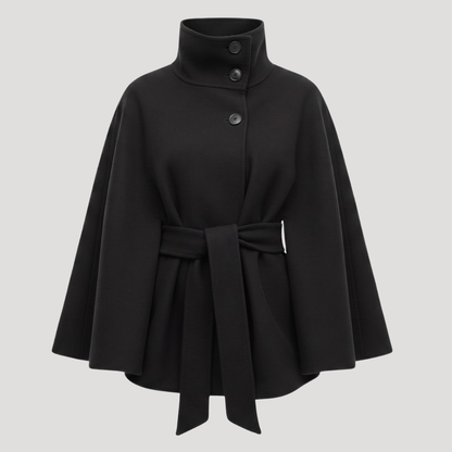 Women's Belted High-Neck Cape Coat in Black