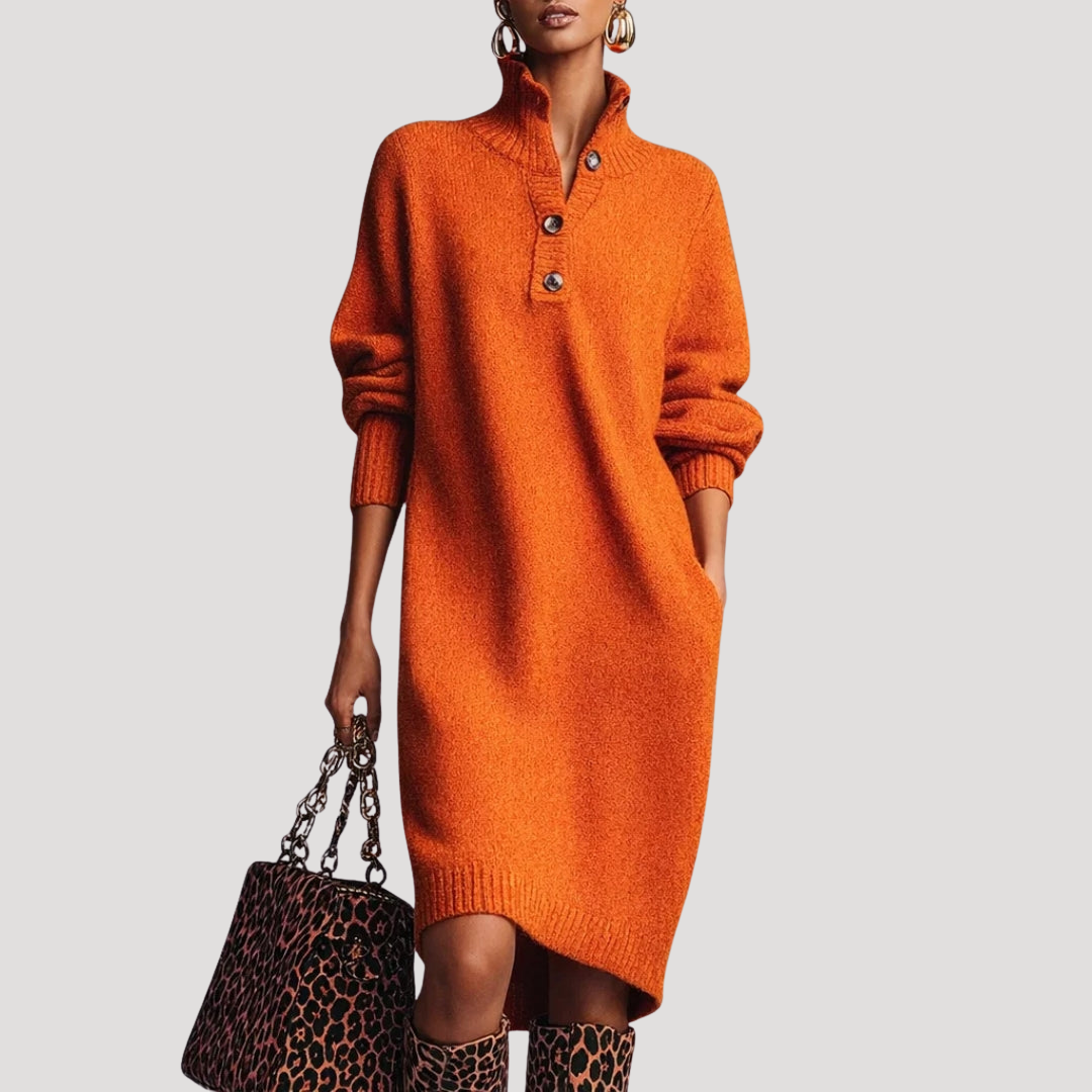 Women's Jumper Dress – Knit Midi Buttoned High Collar