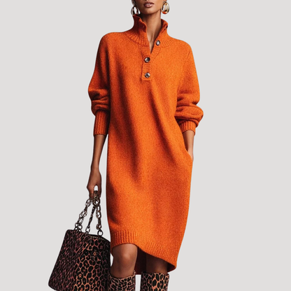 Women's Jumper Dress – Knit Midi Buttoned High Collar