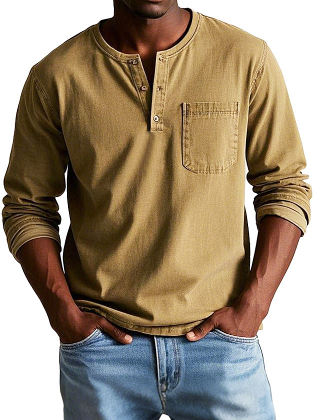Men's Long-Sleeve T-Shirt – Buttoned Henley Collar Vintage