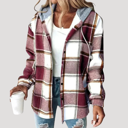 Women's Hooded Plaid Jacket in Dark Red