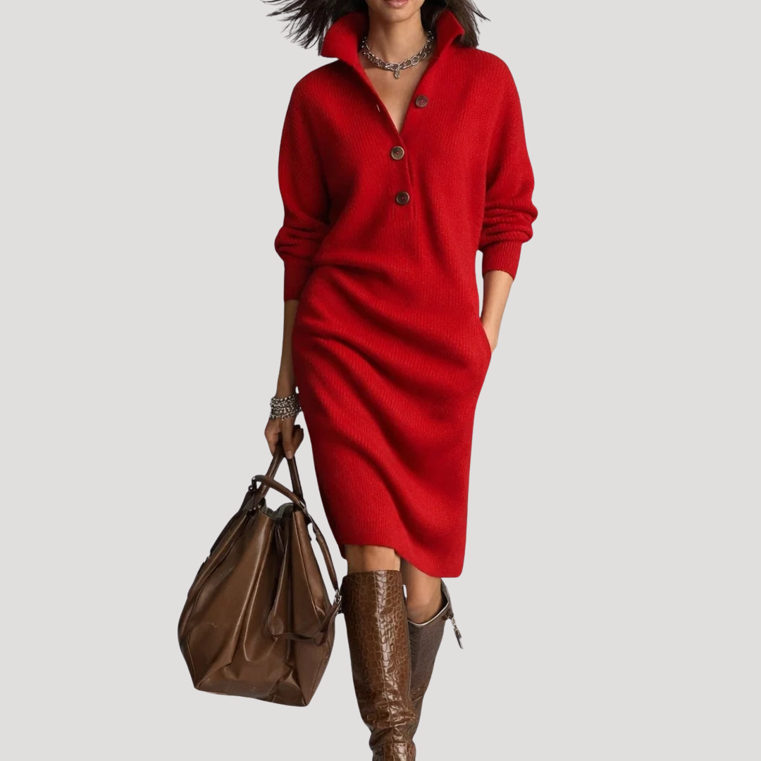 Women's Jumper Dress – Knit Midi Buttoned High Collar