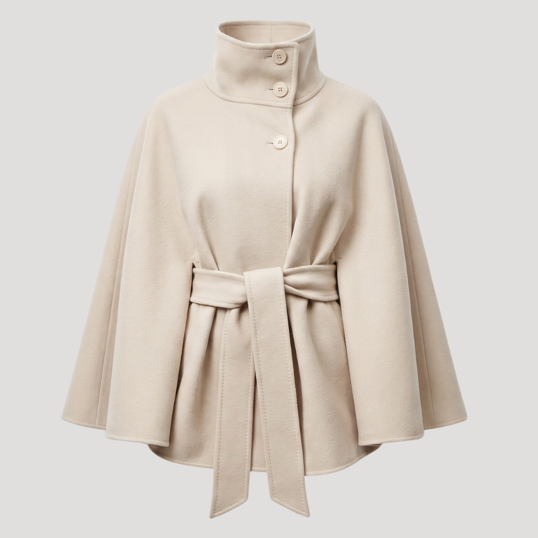 Women's Belted High-Neck Cape Coat in White