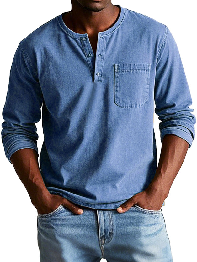 Men's Long-Sleeve T-Shirt – Buttoned Henley Collar Vintage