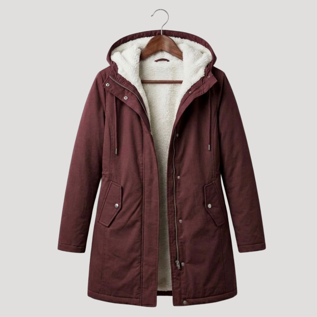 Women's Long Hooded Lined Parka in Burgundy