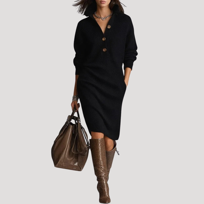 Women's Jumper Dress – Knit Midi Buttoned High Collar