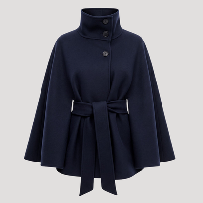Women's Belted High-Neck Cape Coat in Navy