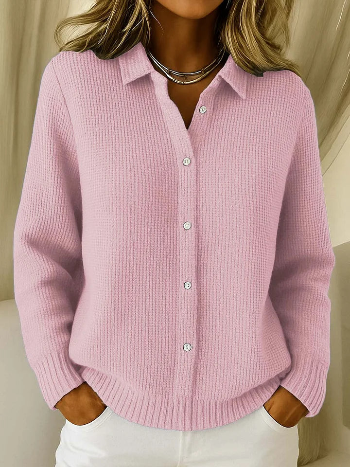 Women's Collared Waffle Knit Cardigan in Pink
