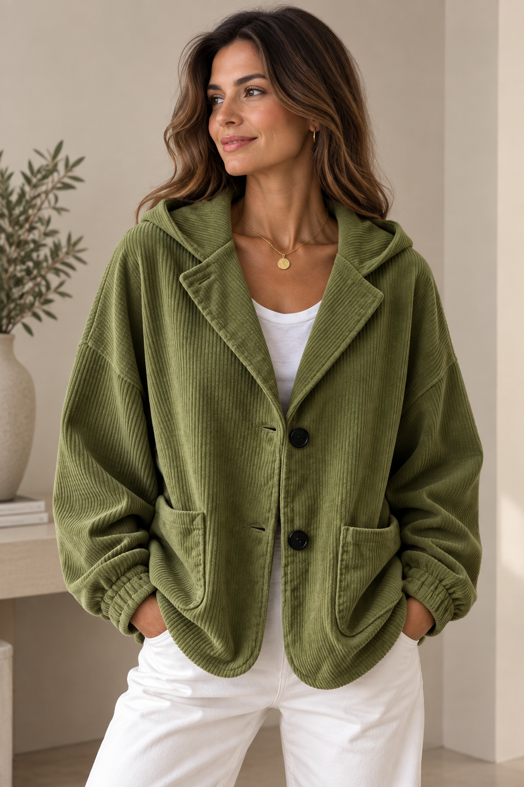 Women's Corduroy-Look Jacket – Oversized Hooded Buttoned