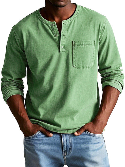 Men's Long-Sleeve T-Shirt – Buttoned Henley Collar Vintage