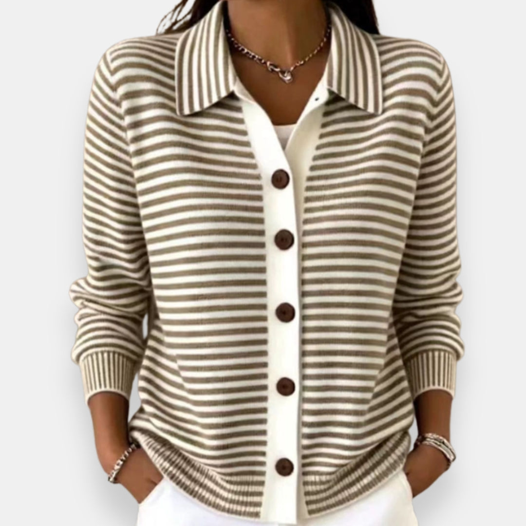Women's Striped Cardigan – Full Button Fine Stripes Relaxed Fit
