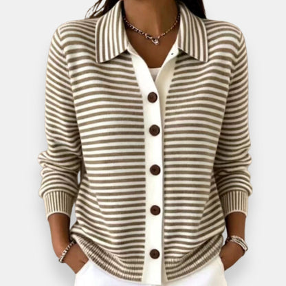 Women's Striped Cardigan – Full Button Fine Stripes Relaxed Fit