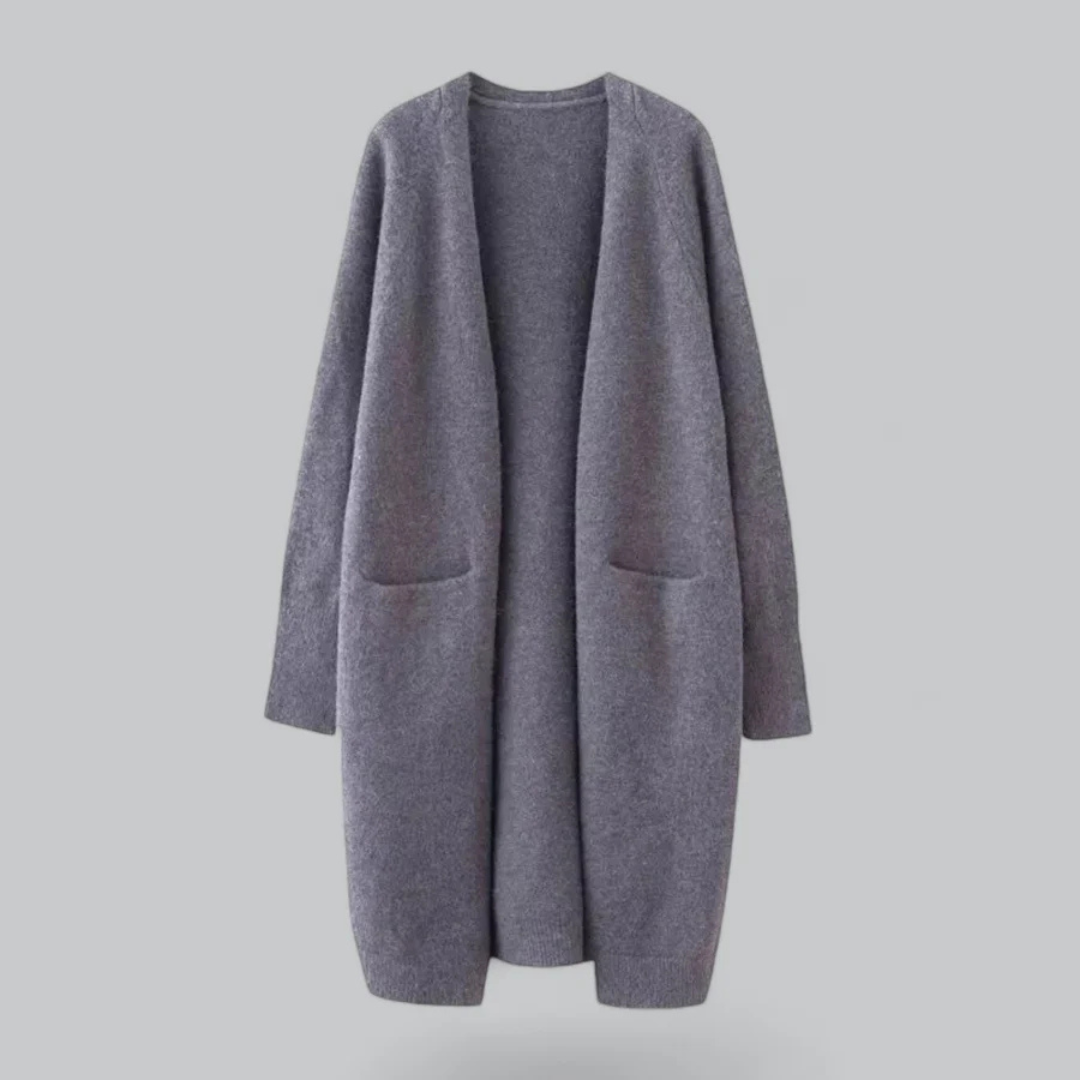 Women's Long Open-Front Cardigan with Pockets in Dark Gray