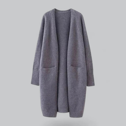 Women's Long Open-Front Cardigan with Pockets in Dark Gray
